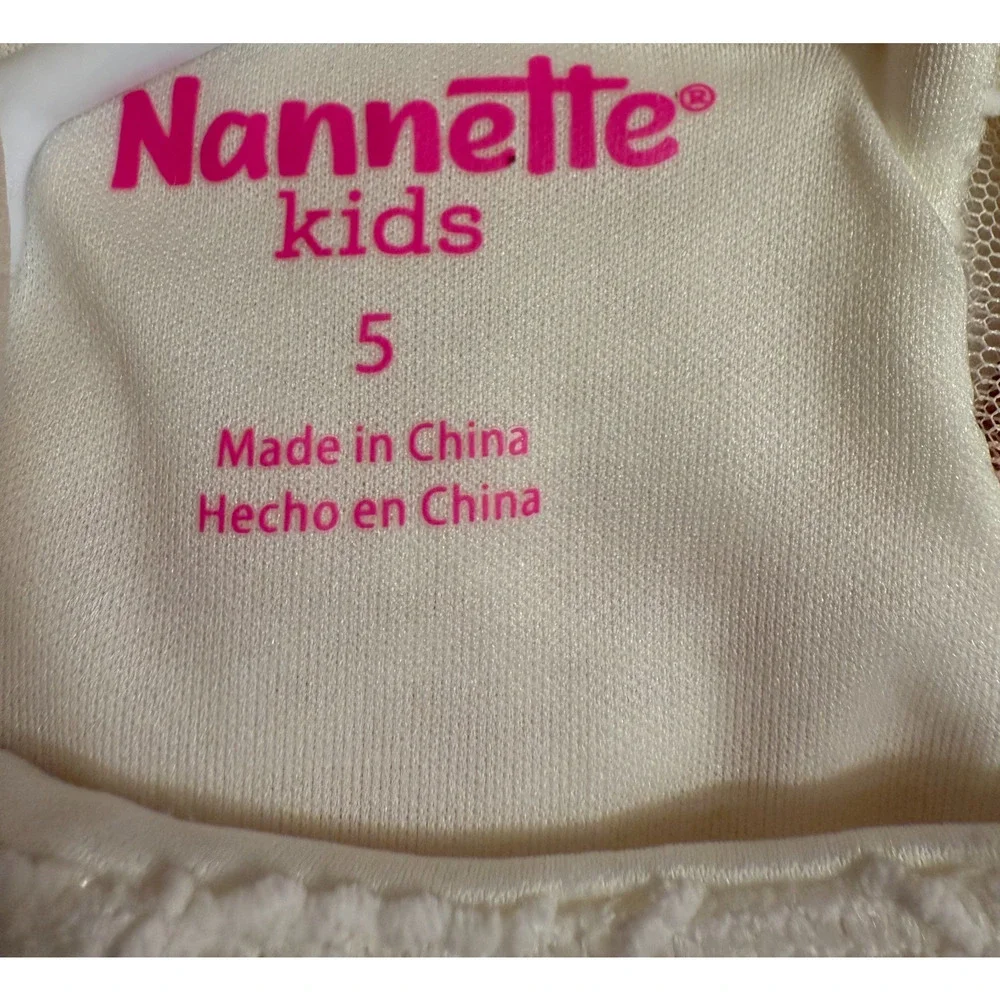 Nannette Dress Little Girls Size 5 White Long Sleeve Peach Trim Tulle Ruffle